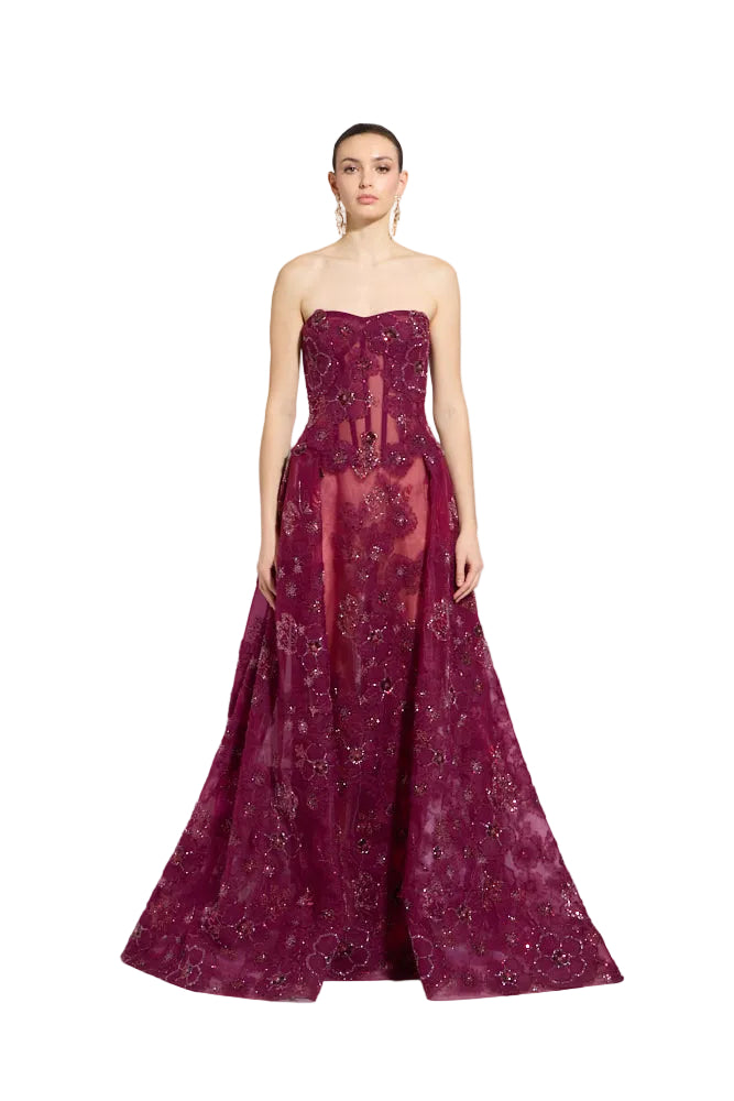 Purple Potion strapless gown with a sweetheart neckline, embroidered tulle overlay, and a full A-line skirt.