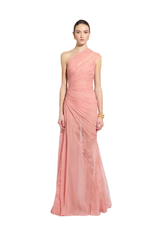 Lobster bisque one-shoulder floor-length gown with ruched bodice, draped sheer overlay, and intricate lace panels.