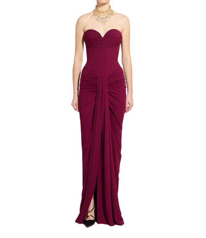 Purple Potion strapless floor-length gown with a sweetheart neckline, ruched bodice, and draped front slit skirt.