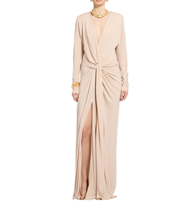 Lobster Bisque long-sleeved maxi dress with a deep V-neck, knotted front detail, and high thigh slit.