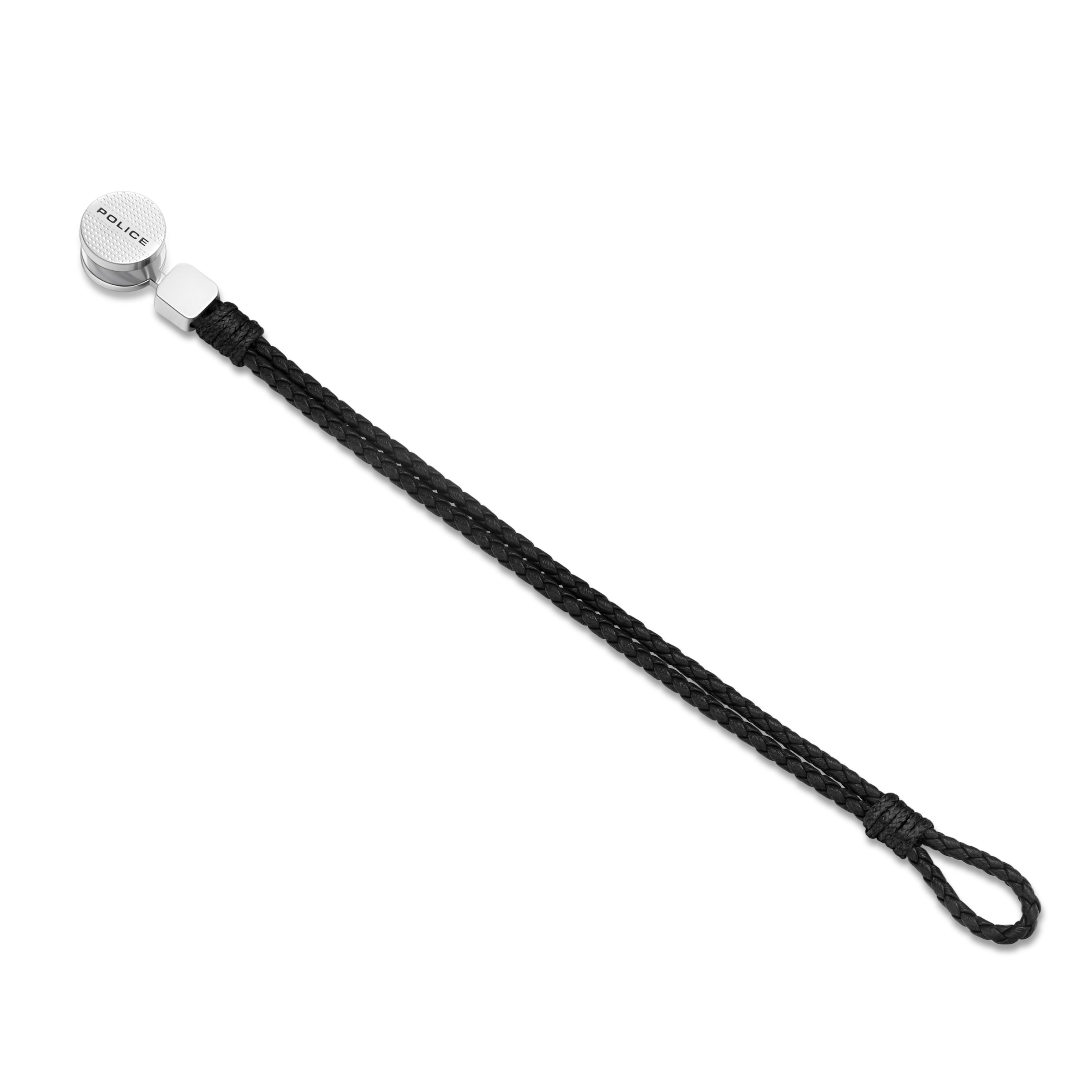 Black braided leather bracelet with a silver-toned cylindrical clasp and a circular textured charm engraved 'POLICE'. The oth