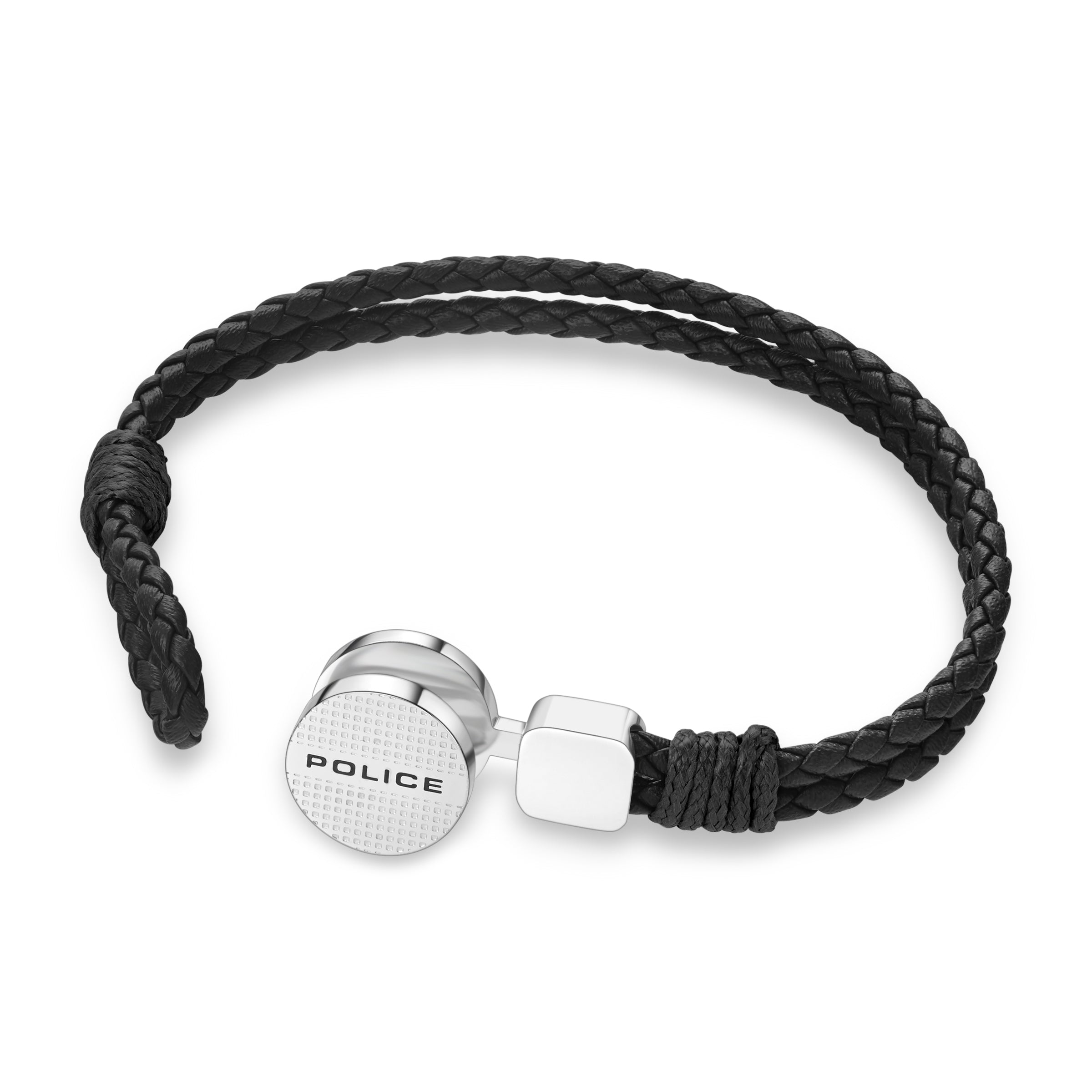 Black braided leather bracelet with a silver-toned magnetic clasp. One clasp end is a textured circle with 'POLICE' text; the