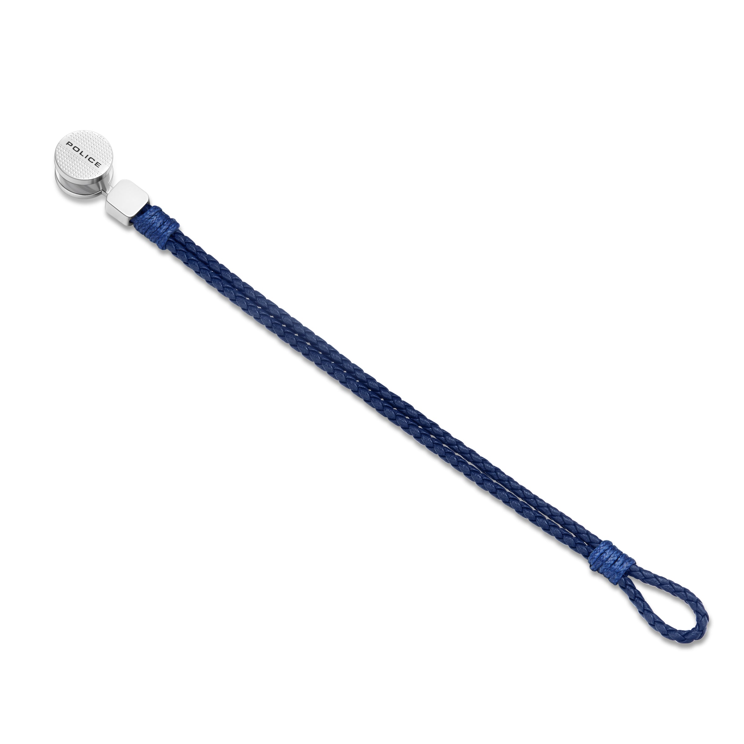 Deep blue braided leather bracelet with a silver-toned cylindrical clasp featuring a textured top and "POLICE" engraving, and