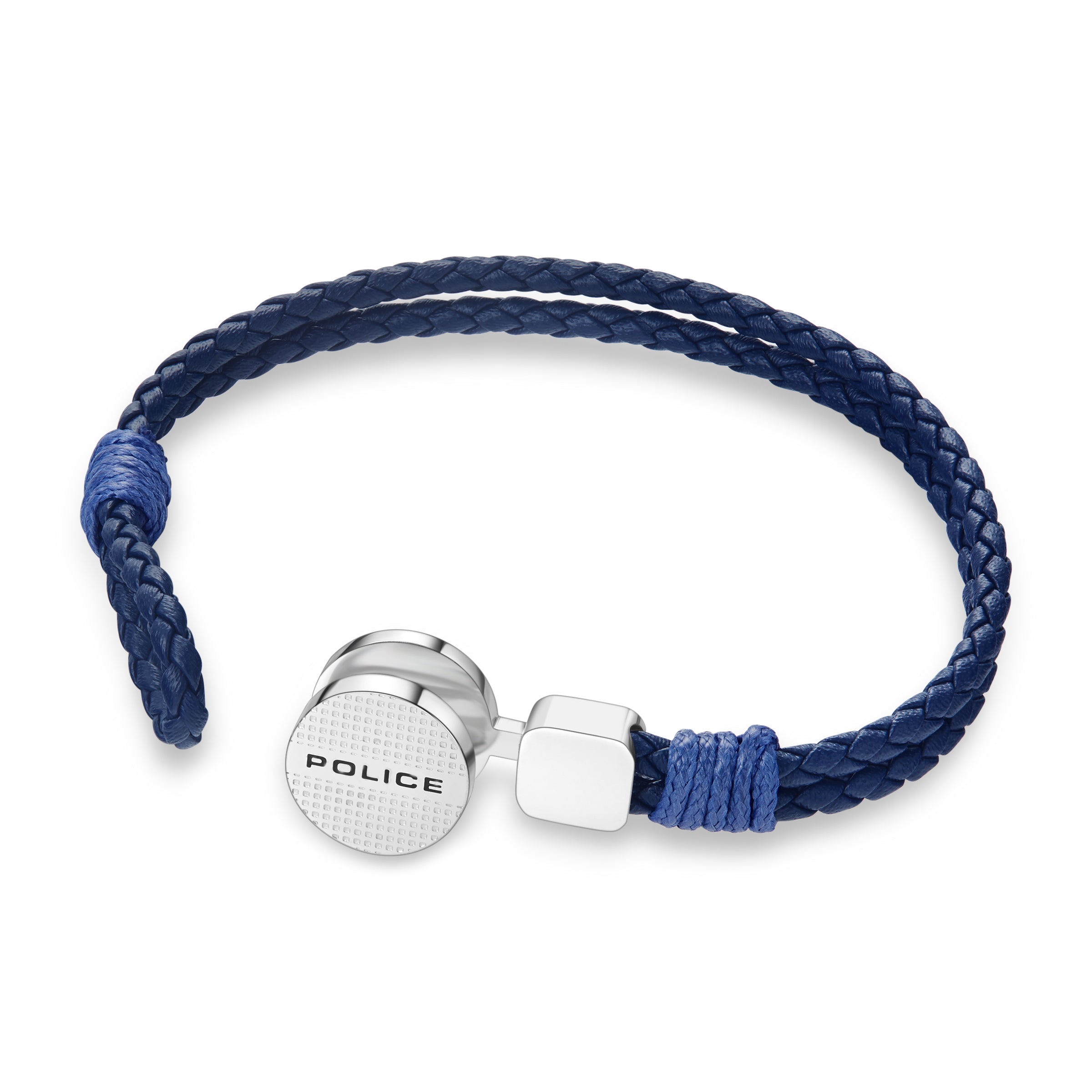 Navy blue braided leather bracelet with two strands, connected by lighter blue cord wraps. Silver-toned clasp has a textured