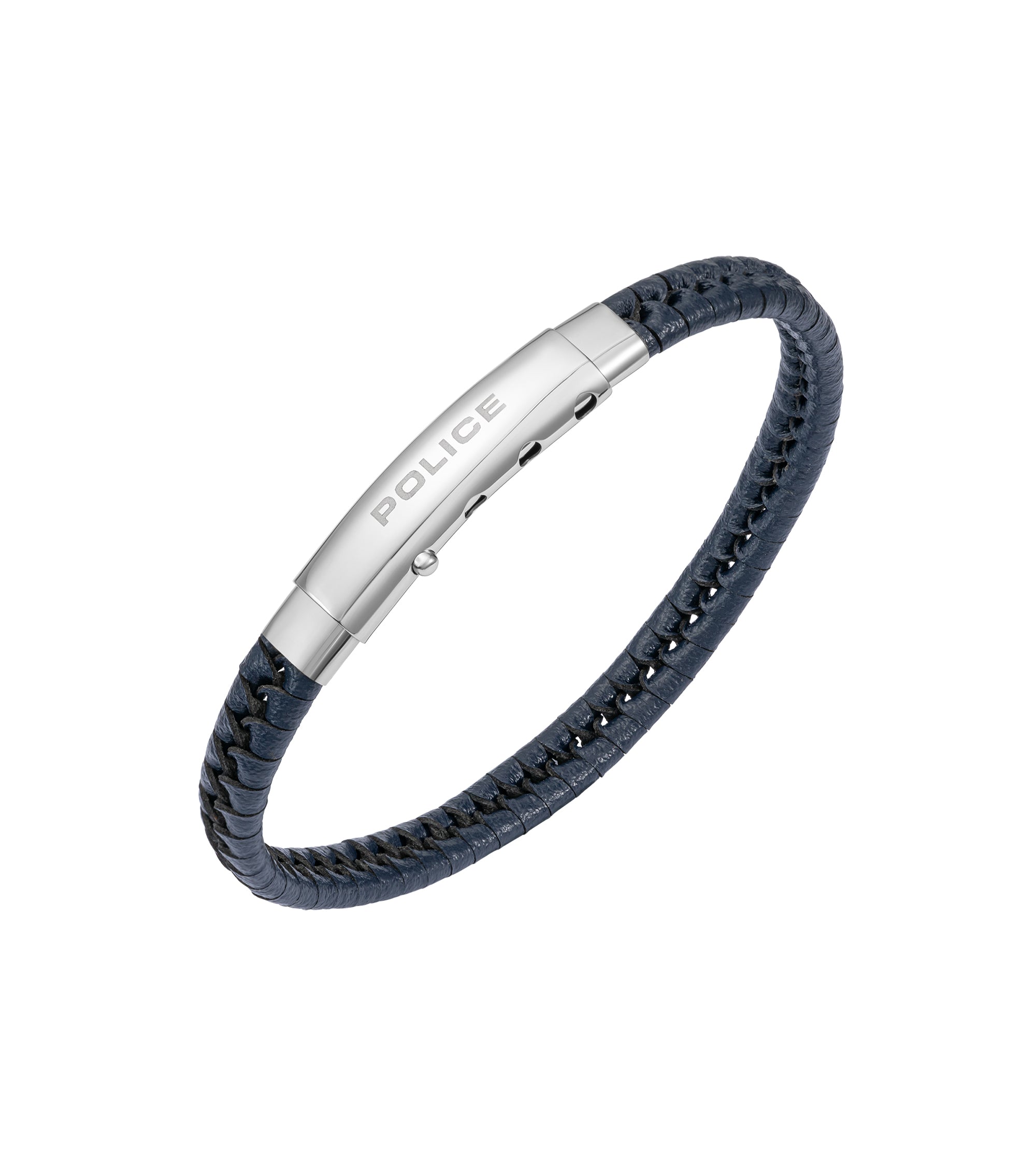 Dark blue braided leather bracelet with a polished silver-toned clasp engraved with 'POLICE'.