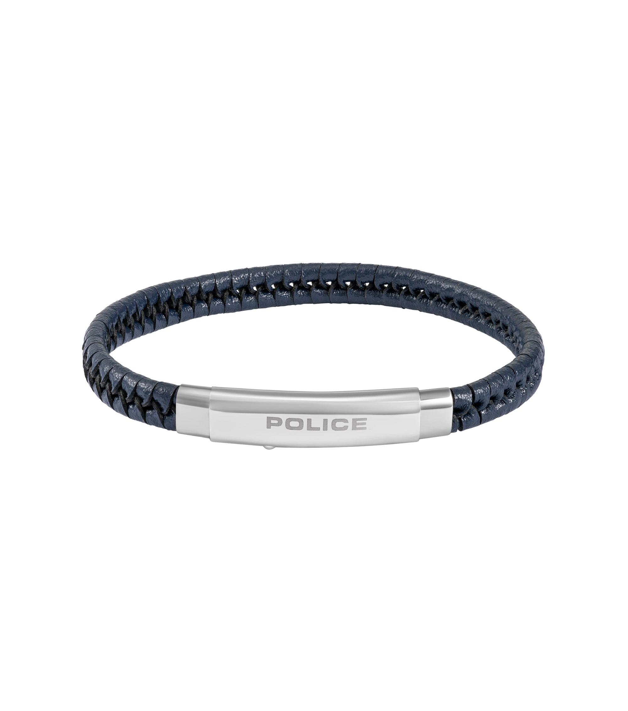 Dark blue braided leather bracelet with a polished silver-toned rectangular metal clasp engraved with "POLICE".