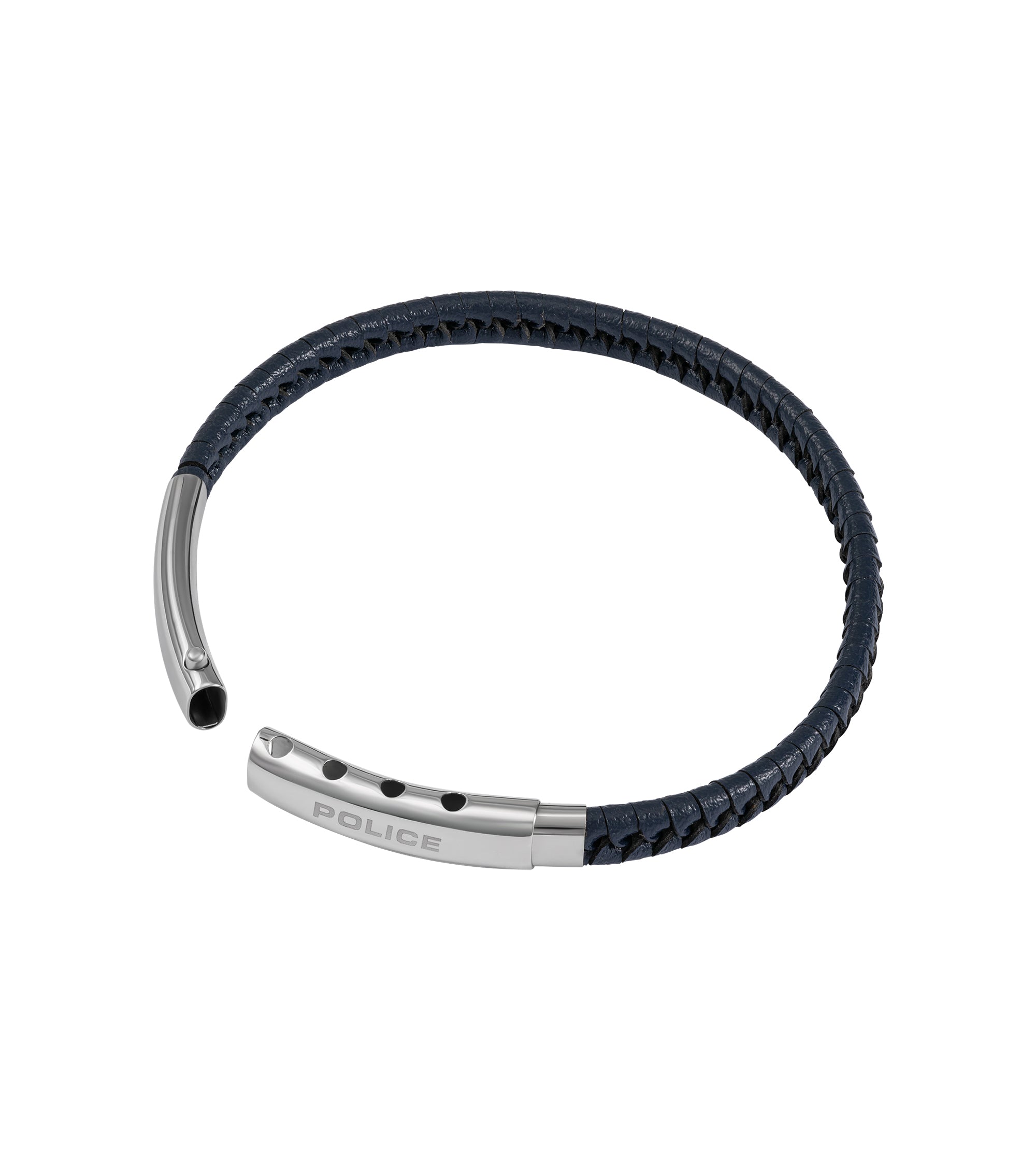 A dark blue braided leather bracelet with a polished silver-toned metal clasp. One clasp end is engraved "POLICE" with three
