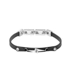 Black leather bracelet with a silver-toned stainless steel multi-link clasp and a pointed silver-toned embellishment.