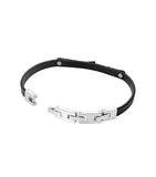 Black leather bracelet with silver-toned interlocking rectangular links and an open clasp.