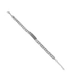 Silver-toned curb chain bracelet with a rectangular bar featuring a textured pattern and a stylized 'H'. Lobster clasp, exten