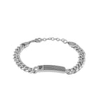 Silver-toned curb chain bracelet with a rectangular ID plate featuring a textured pattern and a stylised 'P' initial.