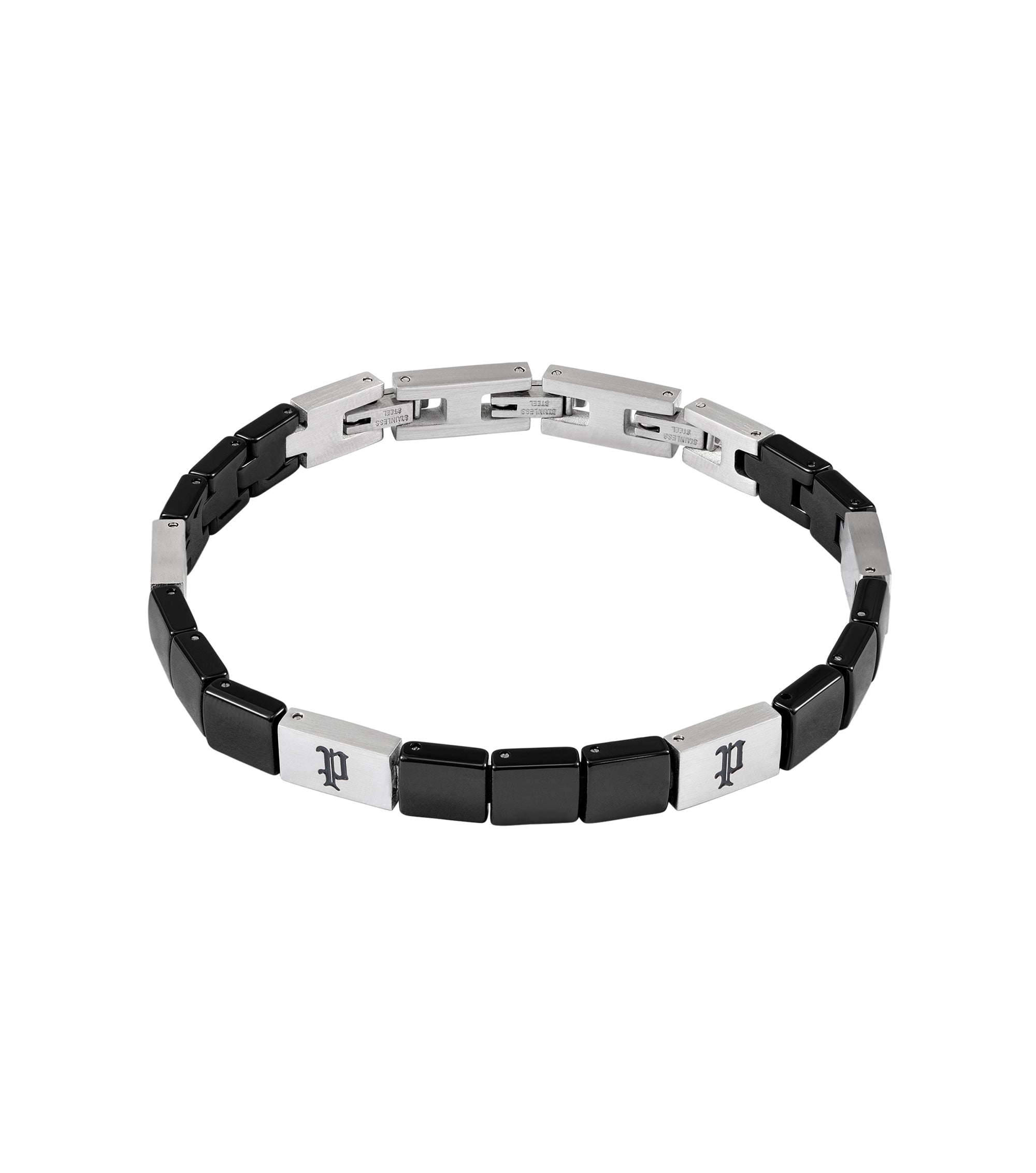 Police men's bracelet with alternating black ceramic and silver-toned stainless steel rectangular links, featuring a 'P' logo