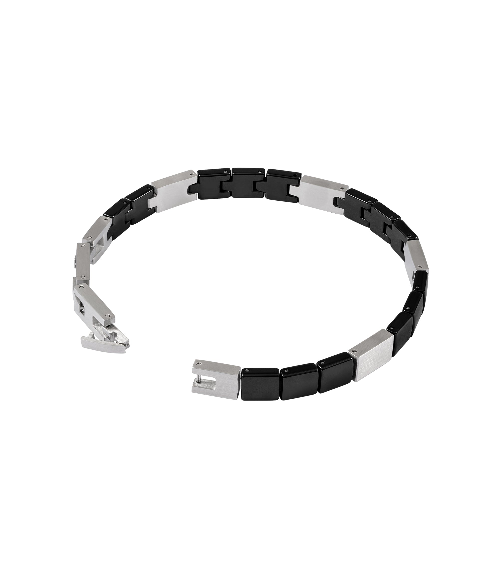 Bracelet with alternating black ceramic and silver-toned brushed metal rectangular links, featuring an open silver-toned push