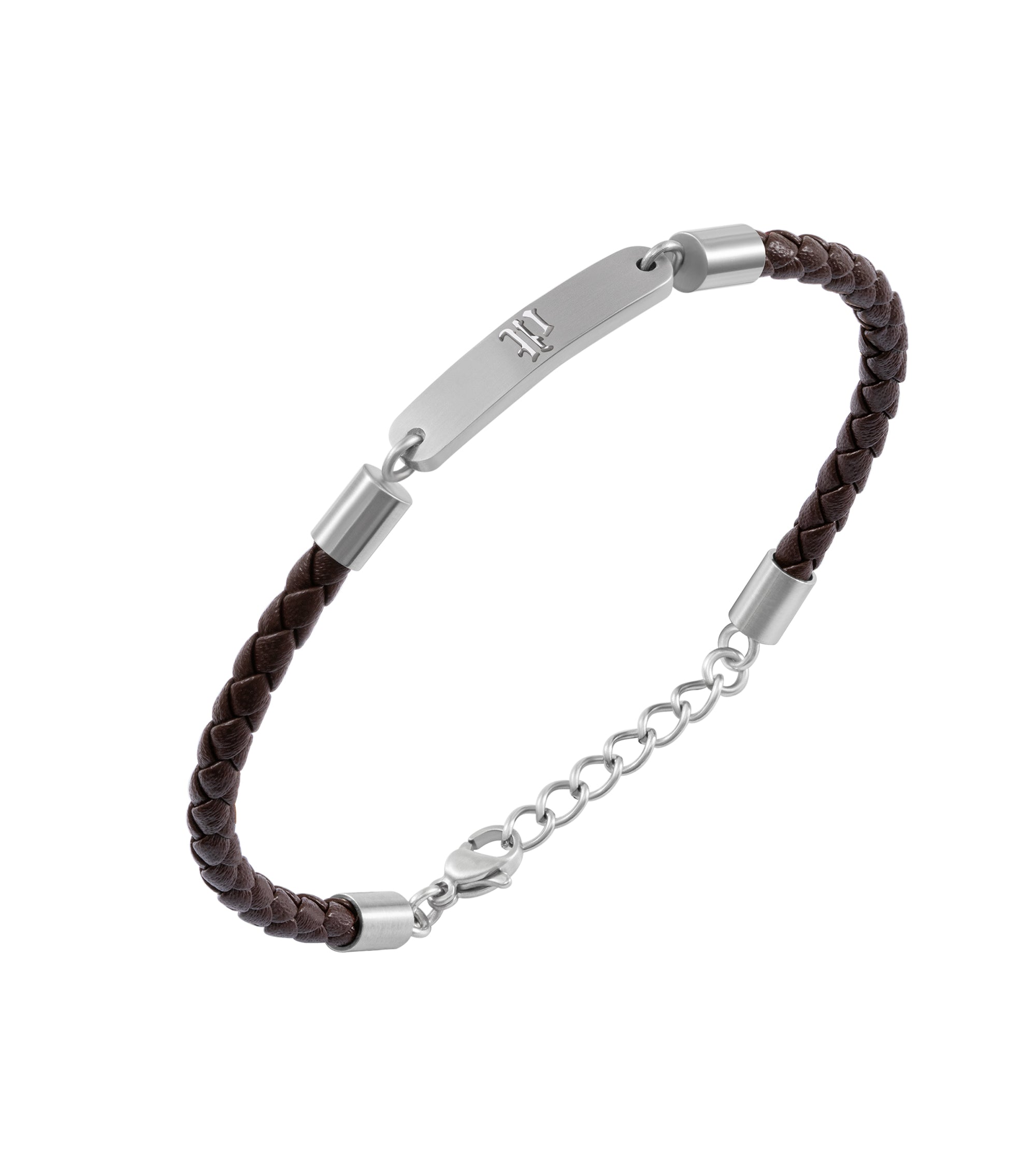Brown braided leather bracelet with a silver-toned bar featuring a cutout design, connected to a silver-toned lobster clasp a