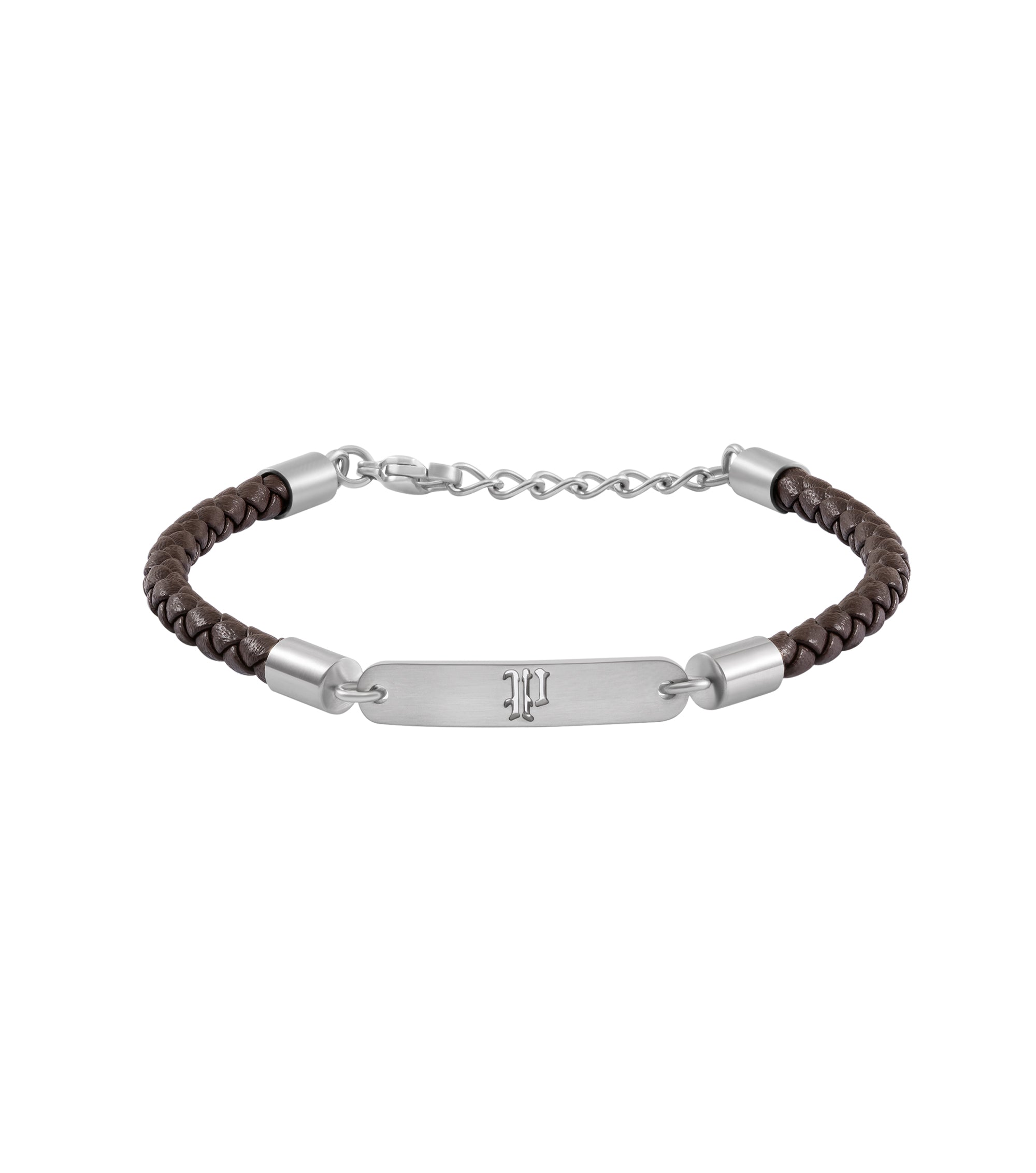Men's braided brown leather bracelet with a silver-toned stainless steel ID plate featuring a central cutout design and lobst