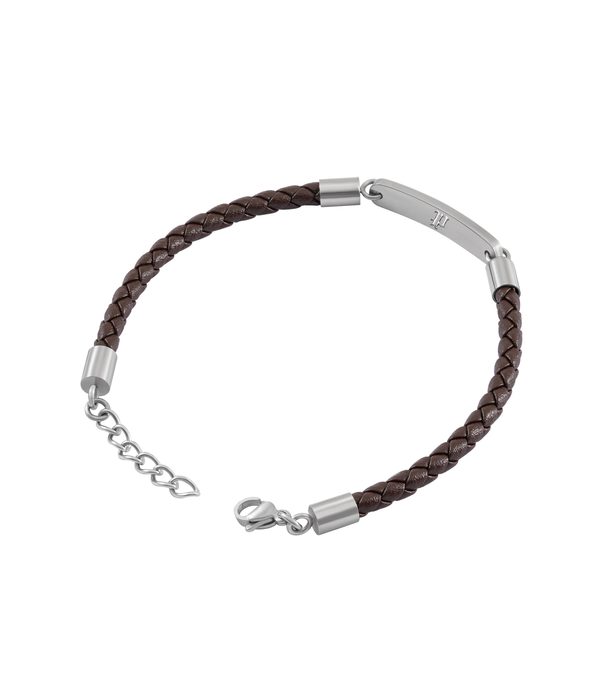 Brown braided leather bracelet with a silver-toned bar featuring a P-shaped cutout, lobster clasp, and extender chain.