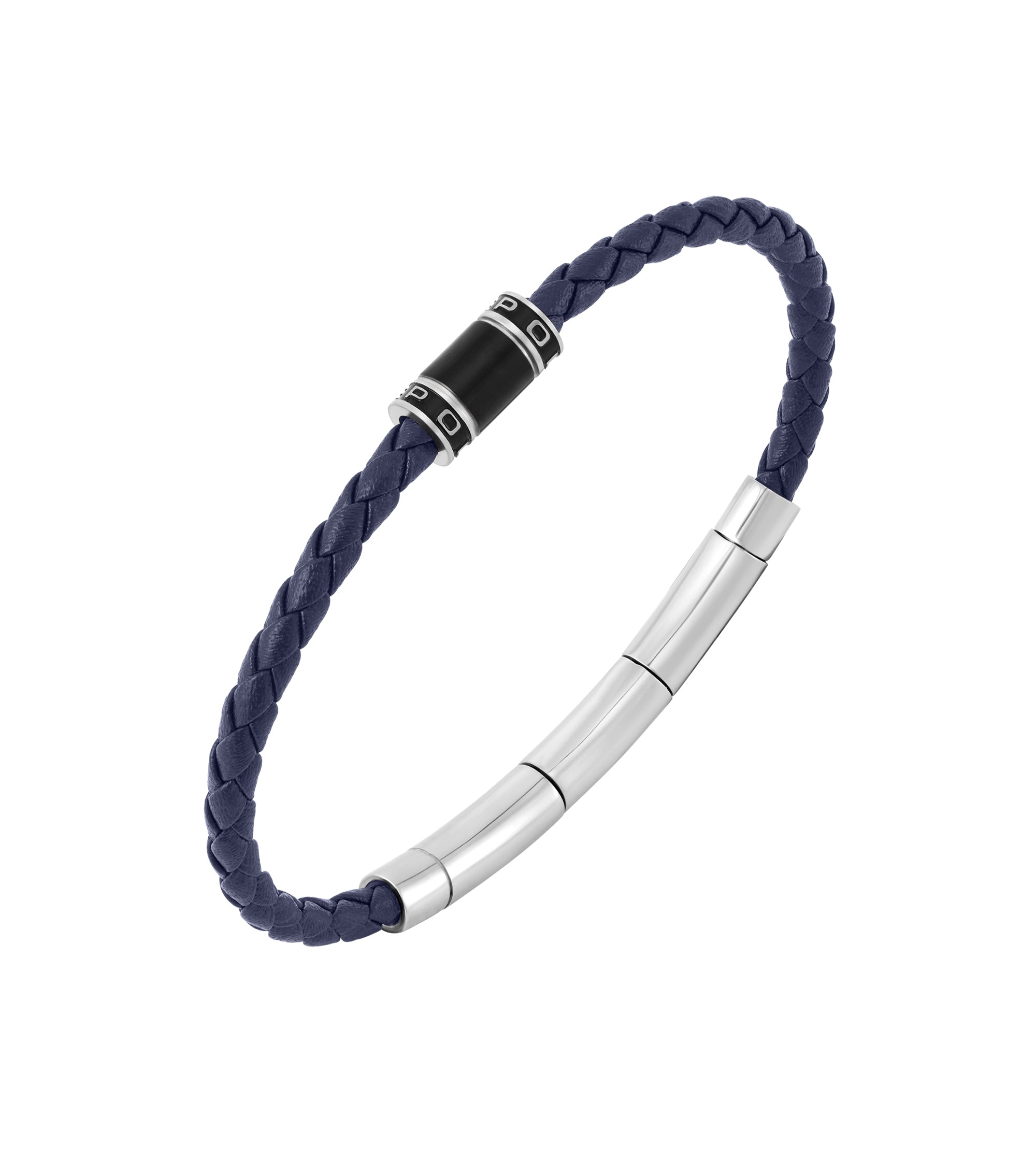 Blue braided leather bracelet with a black cylindrical bead flanked by silver-toned rings and a silver-toned cylindrical clas