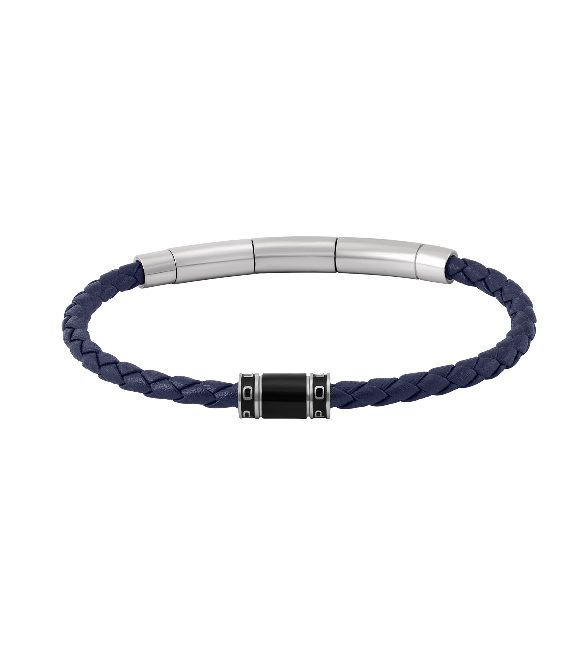 Police men's slim braided navy blue leather bracelet with three brushed silver-toned cylindrical segments and a central black