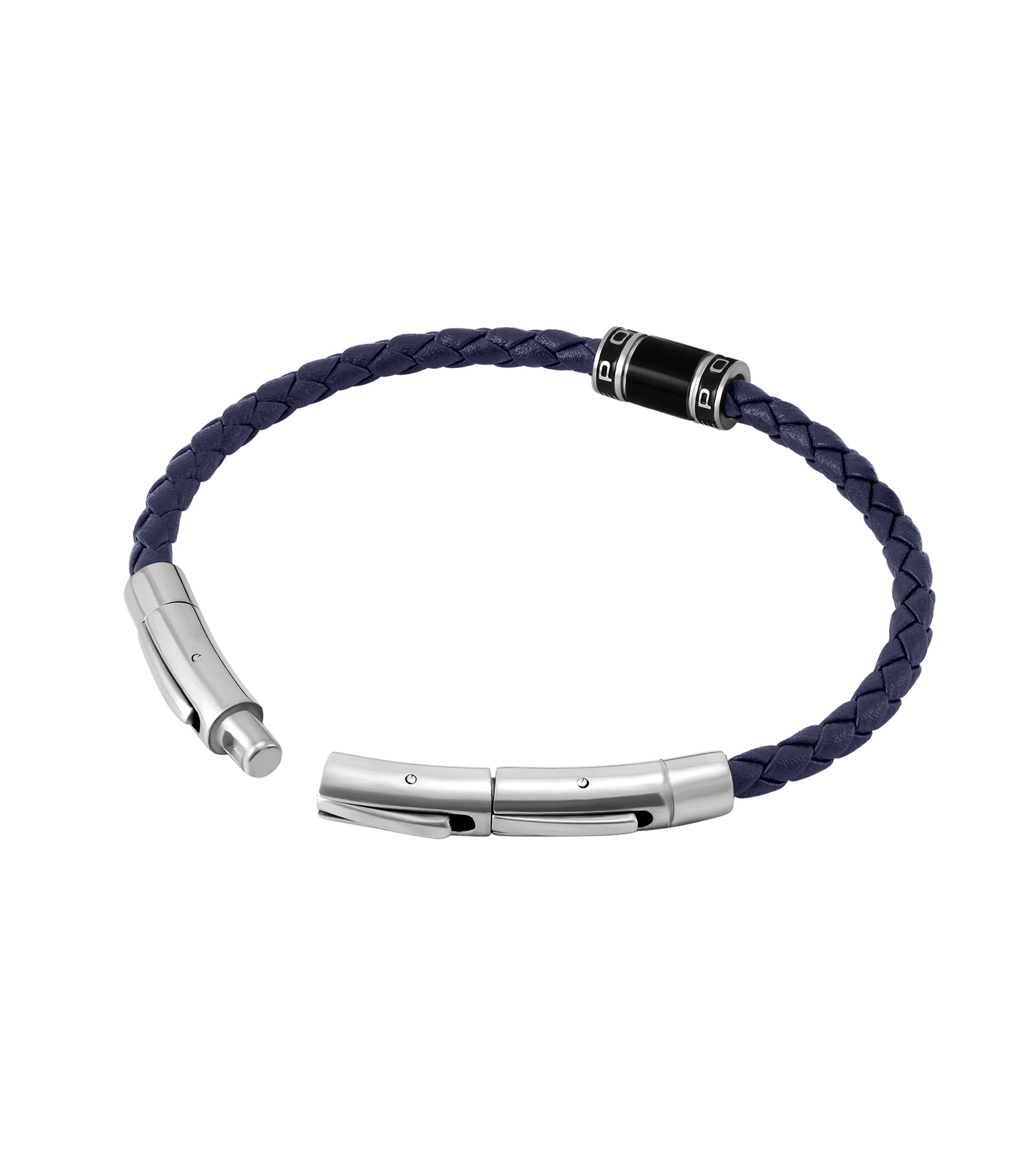 Blue braided leather bracelet with an open silver-toned clasp and a central black enamel and silver-toned bead with 'P' engra