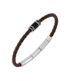 Brown braided leather bracelet with a black cylindrical bead and silver-toned stainless steel clasp.