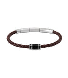 Brown braided leather bracelet with three polished stainless steel tubes and a black-enameled stainless steel clasp.