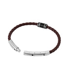 Slim brown braided leather bracelet with a black and silver-toned cylindrical bead featuring 'P D' letters, and an open silve