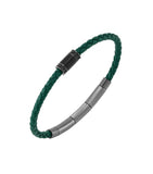 Police slim braided green leather bracelet with dark gunmetal-toned metal clasp and segmented bar.