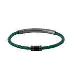 Green braided leather bracelet with dark gunmetal-toned cylindrical beads and a central clasp with a black rectangular insert
