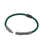 Slim green braided leather bracelet with a dark gunmetal-toned push-pin clasp and a black cylindrical spacer with etched ring