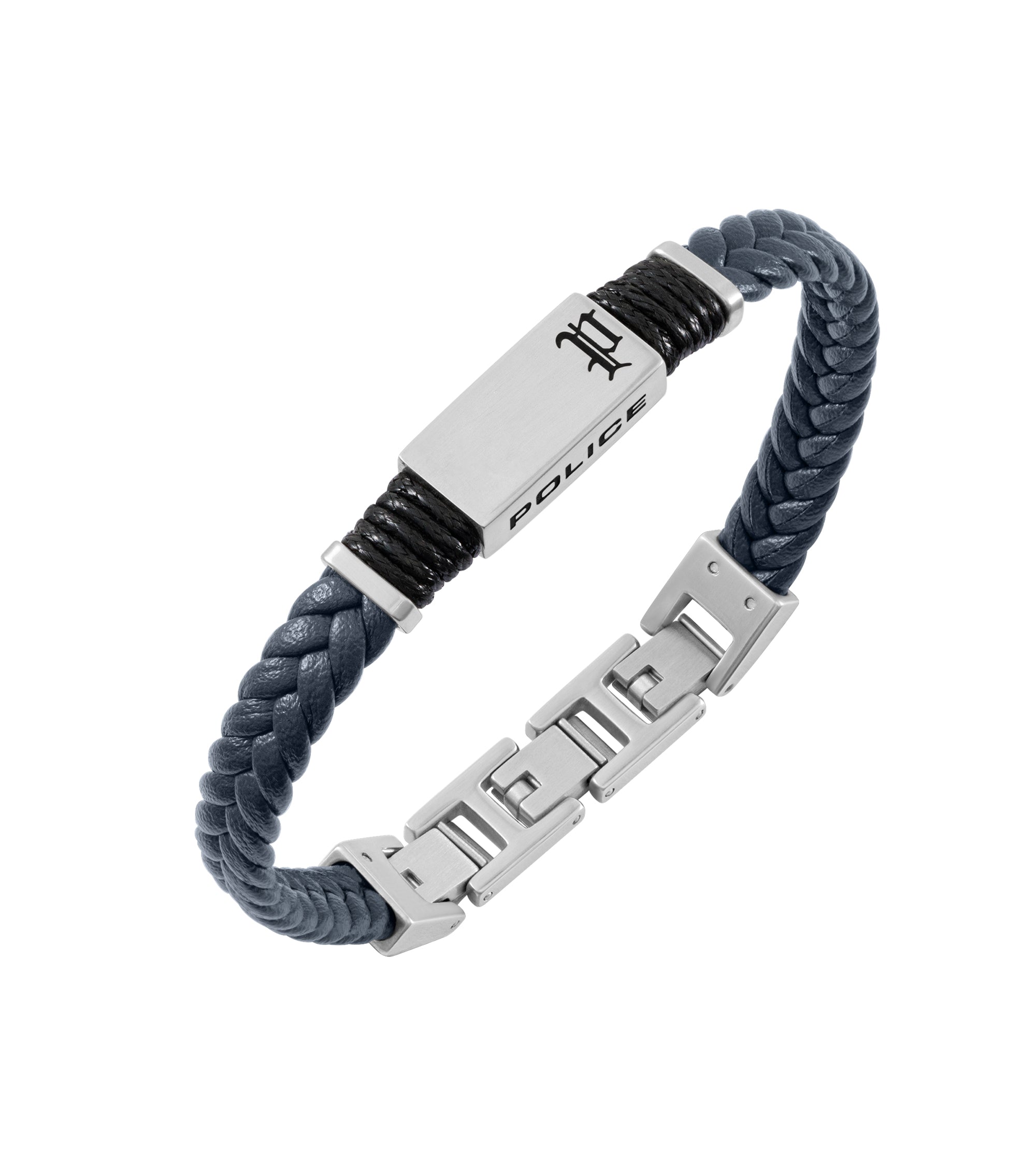 Blue braided cord bracelet with brushed silver-toned plate engraved "POLICE" and logo, flanked by black wrapped cords. Silver