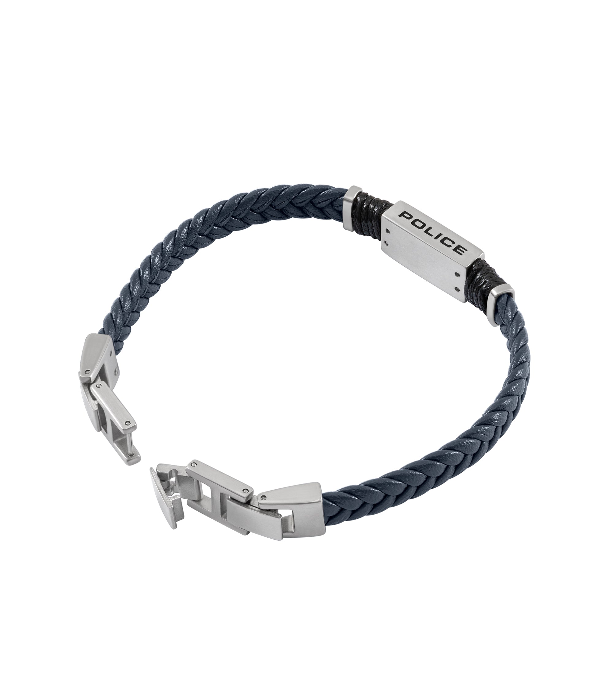 Blue braided cord bracelet with a silver-toned 'POLICE' engraved plate, black wrapped accents, and an open silver-toned clasp