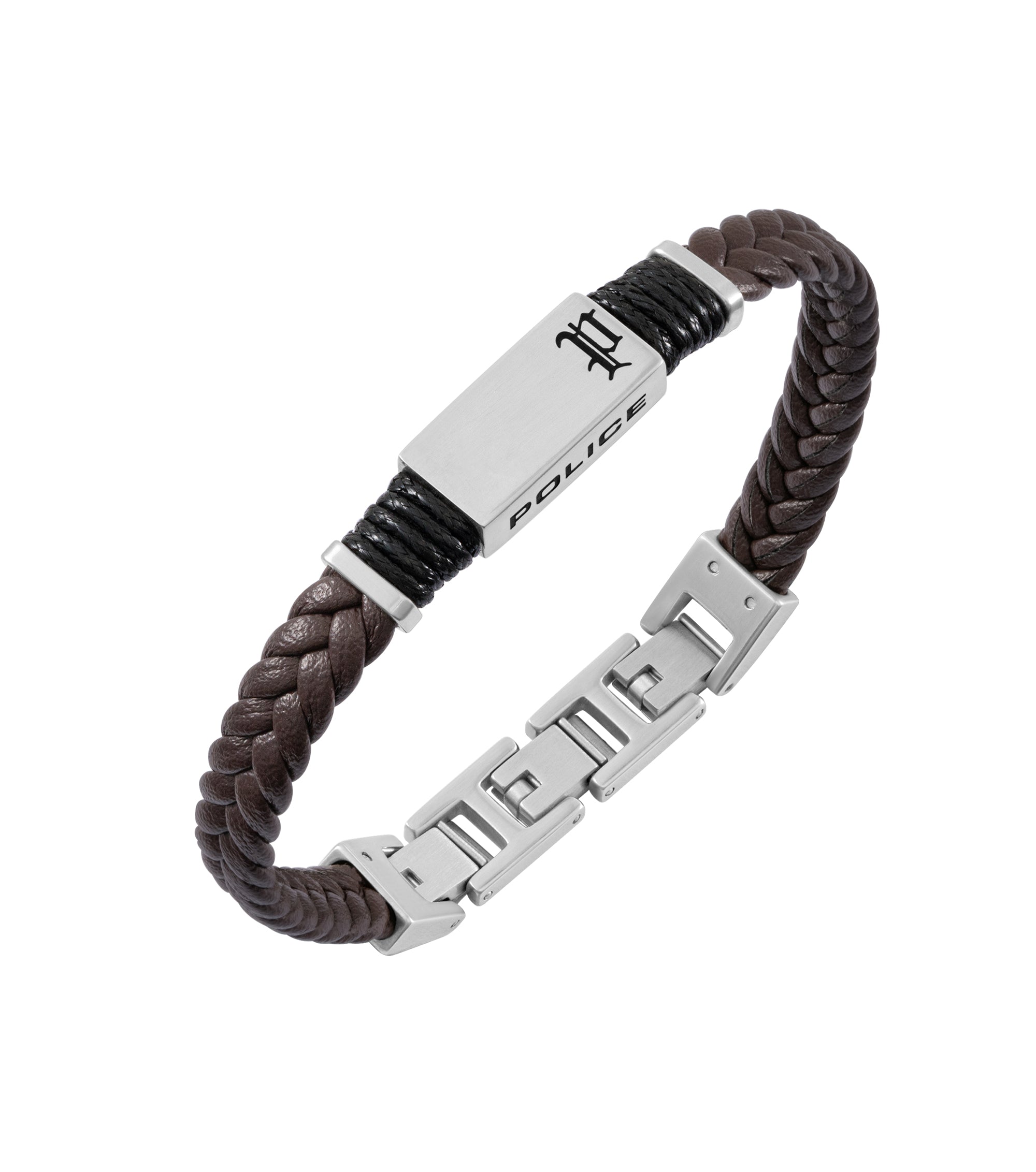 Brown braided leather bracelet with a silver-toned metal plate engraved 'POLICE', black cord wraps, and a silver-toned clasp.