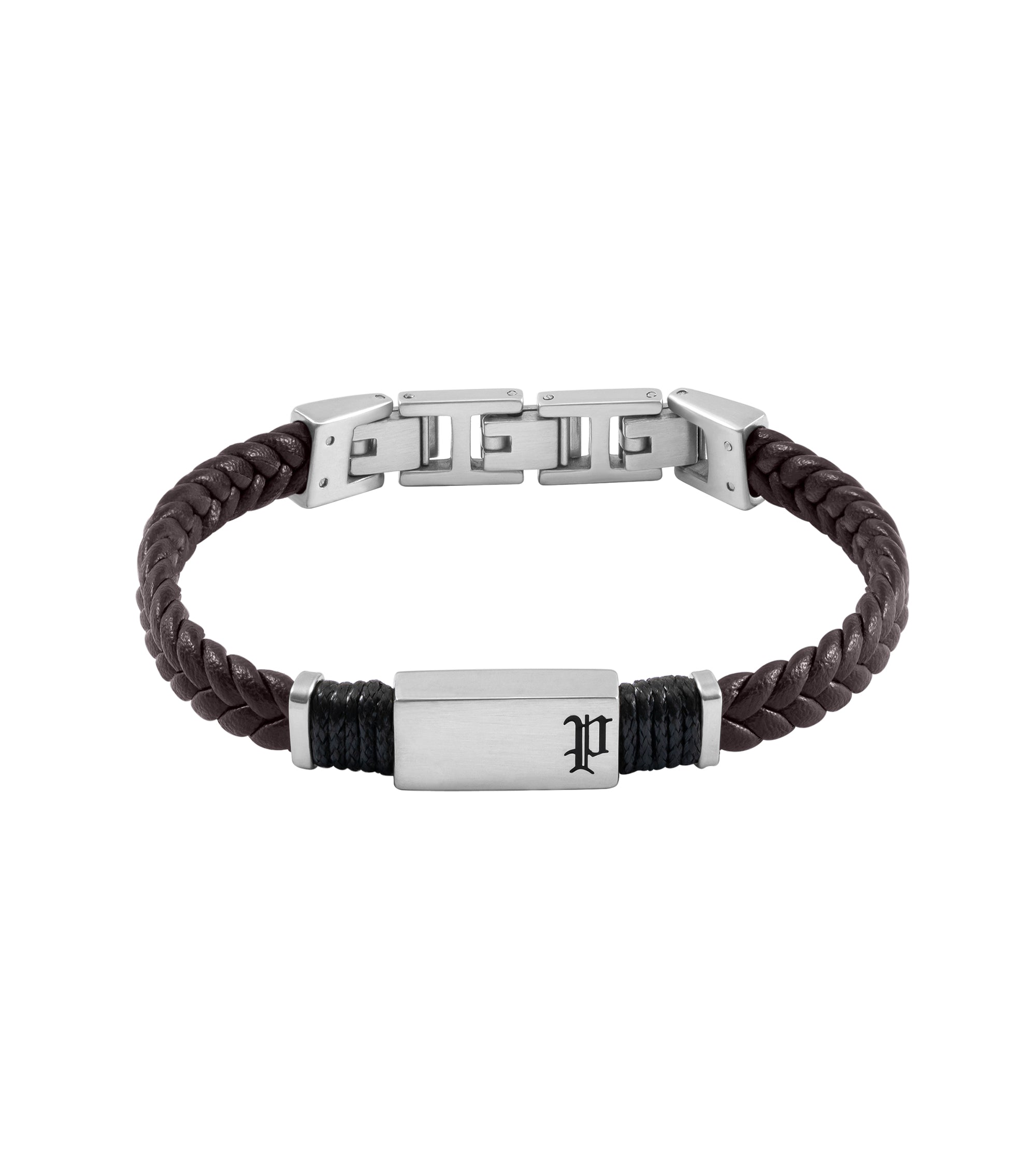 Men's braided dark brown leather bracelet with a brushed silver-toned stainless steel central plate and interlocking clasp.