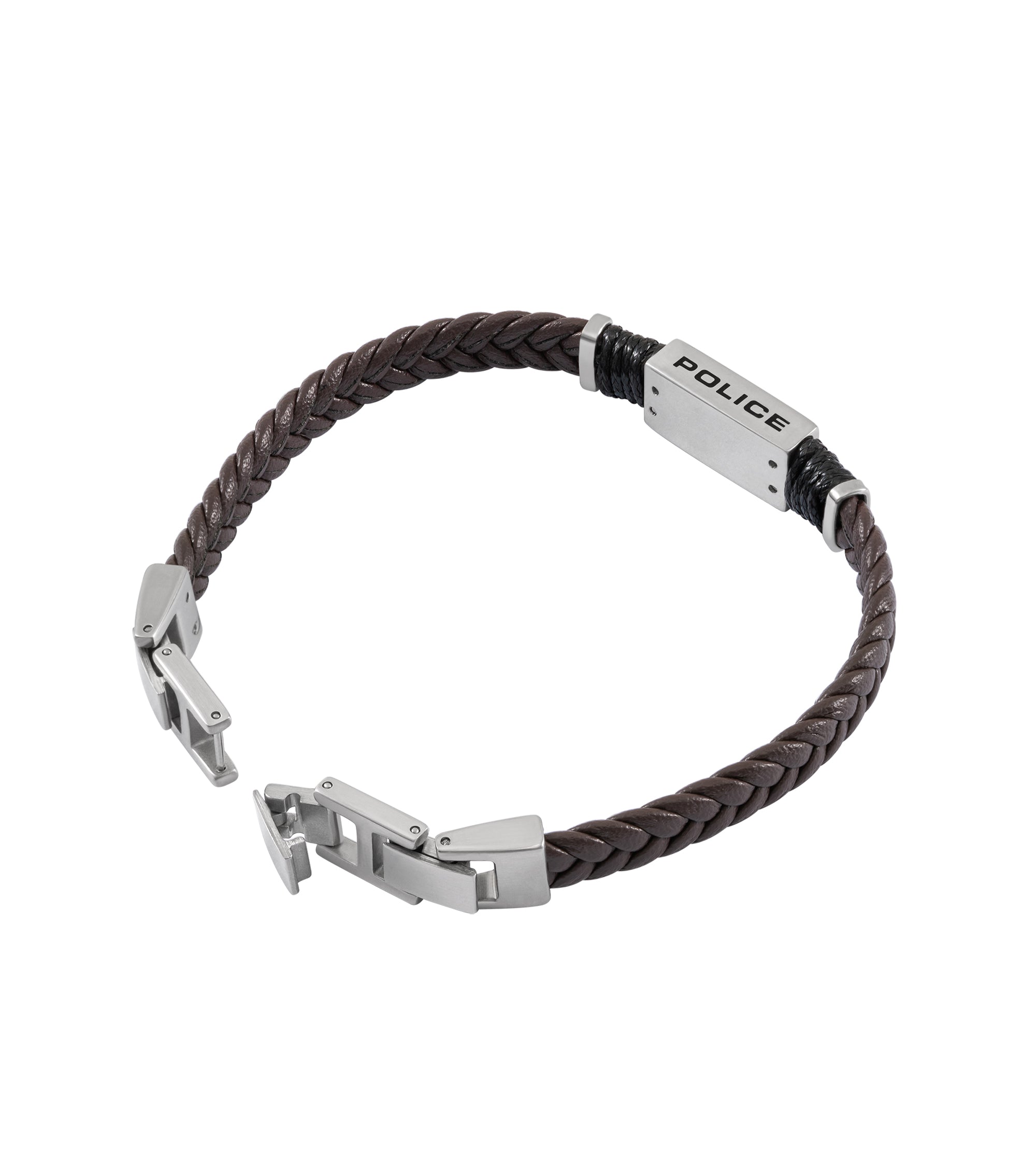 Braided brown leather bracelet with an open silver-toned rectangular link clasp and a central silver-toned bar engraved 'POLI