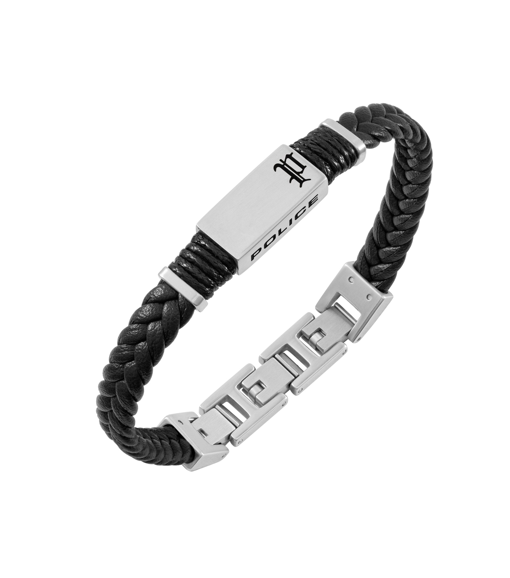 Black braided leather bracelet with a silver-toned metal plate engraved "POLICE" and logo, and a silver-toned link clasp.