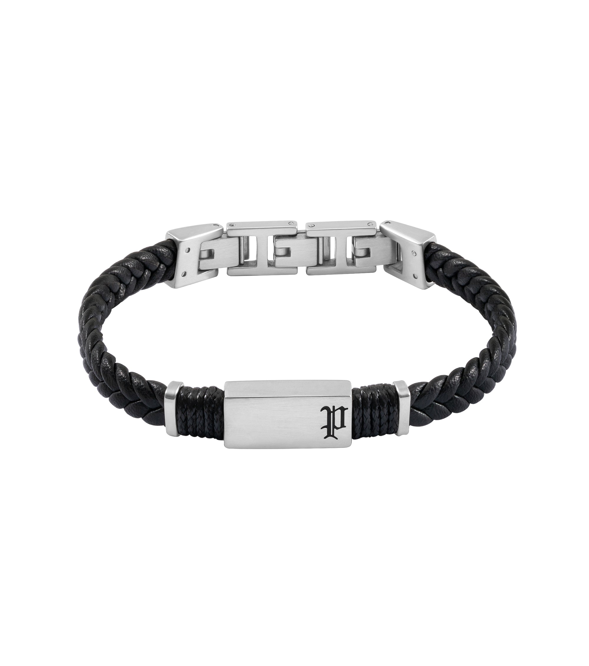 Black braided leather bracelet with a silver-toned multi-link clasp and a brushed rectangular plaque featuring an engraved 'P