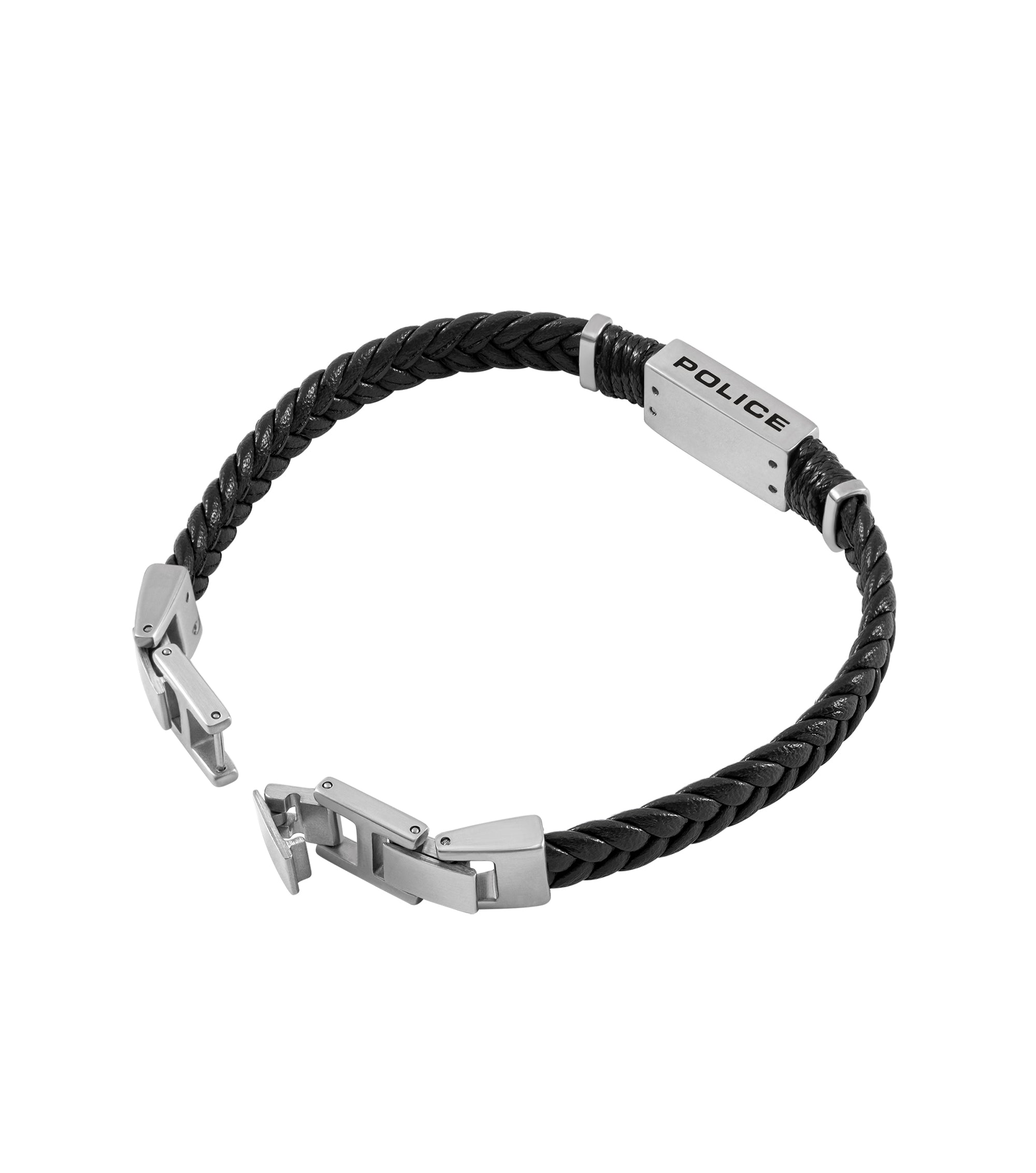 Black braided leather bracelet with a silver-toned "POLICE" engraved plate and an open silver-toned metal clasp.