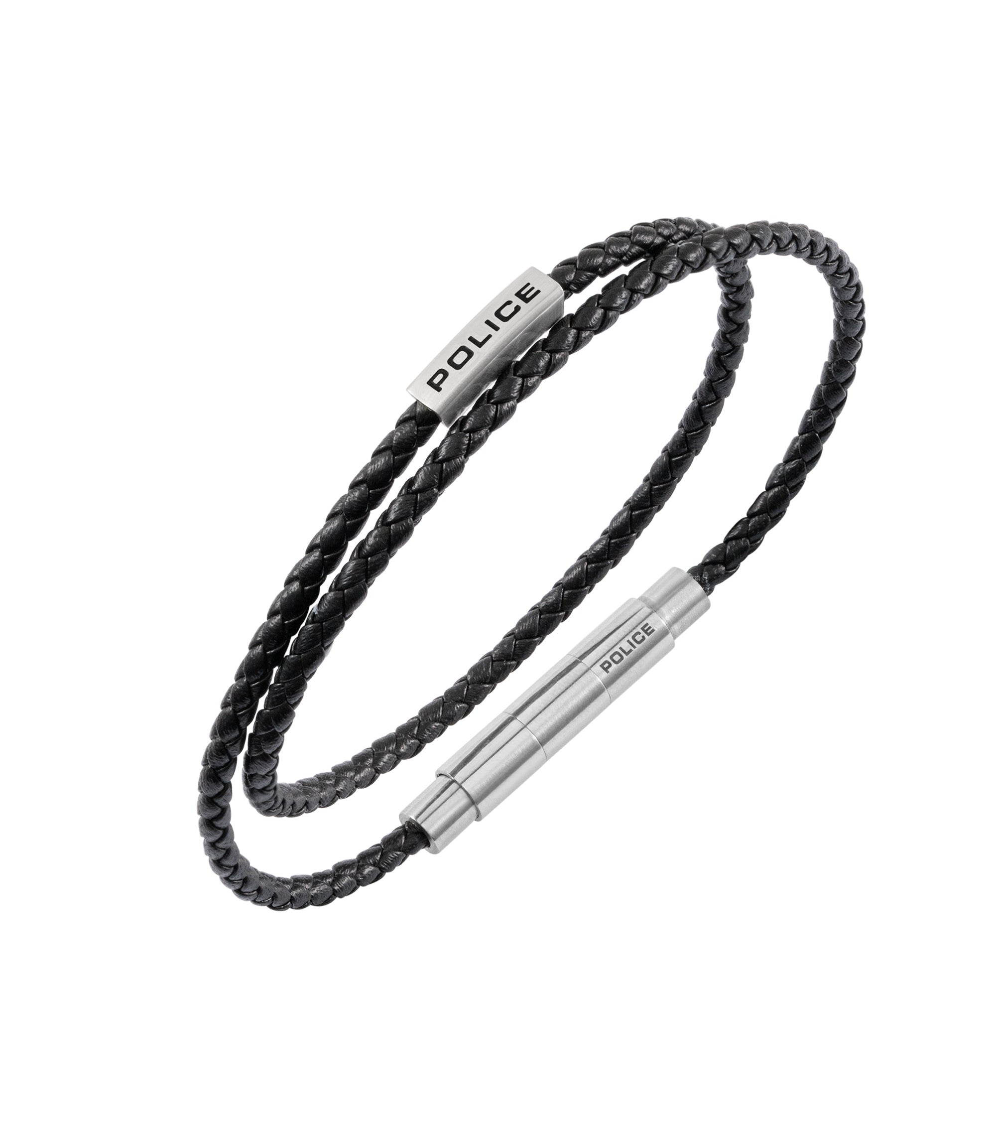 Black braided leather double-wrap bracelet with a silver-toned cylindrical clasp and a rectangular silver-toned bead, both en