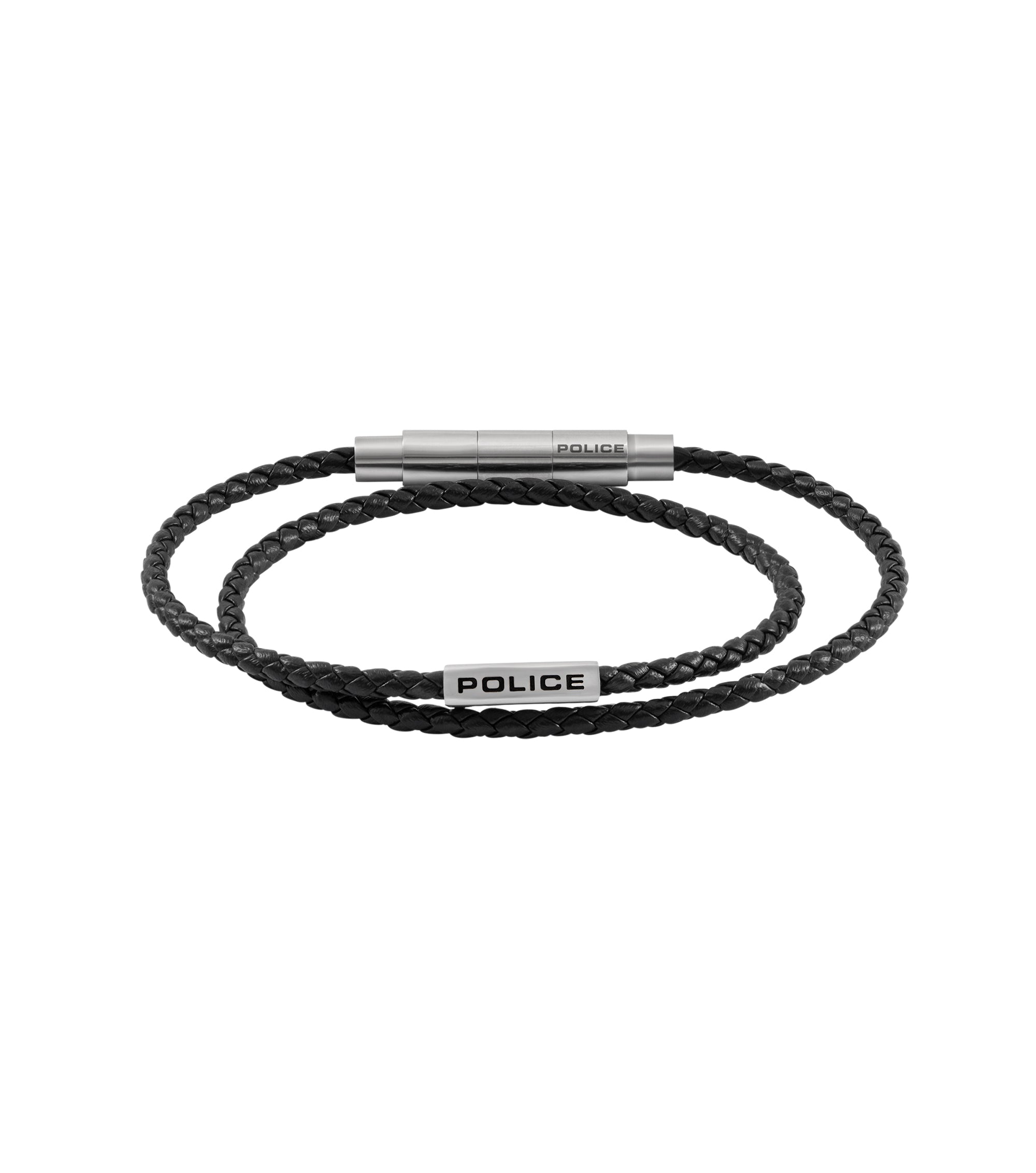 Black double-wrap braided leather bracelet with silver-toned cylindrical clasp and rectangular logo plate