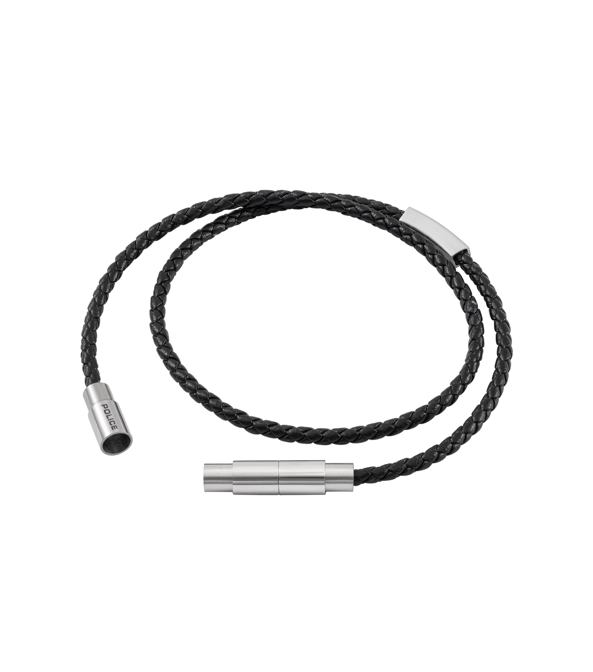 Black double-wrap braided leather bracelet with silver-toned cylindrical magnetic clasp engraved 'POLICE' and rectangular sli