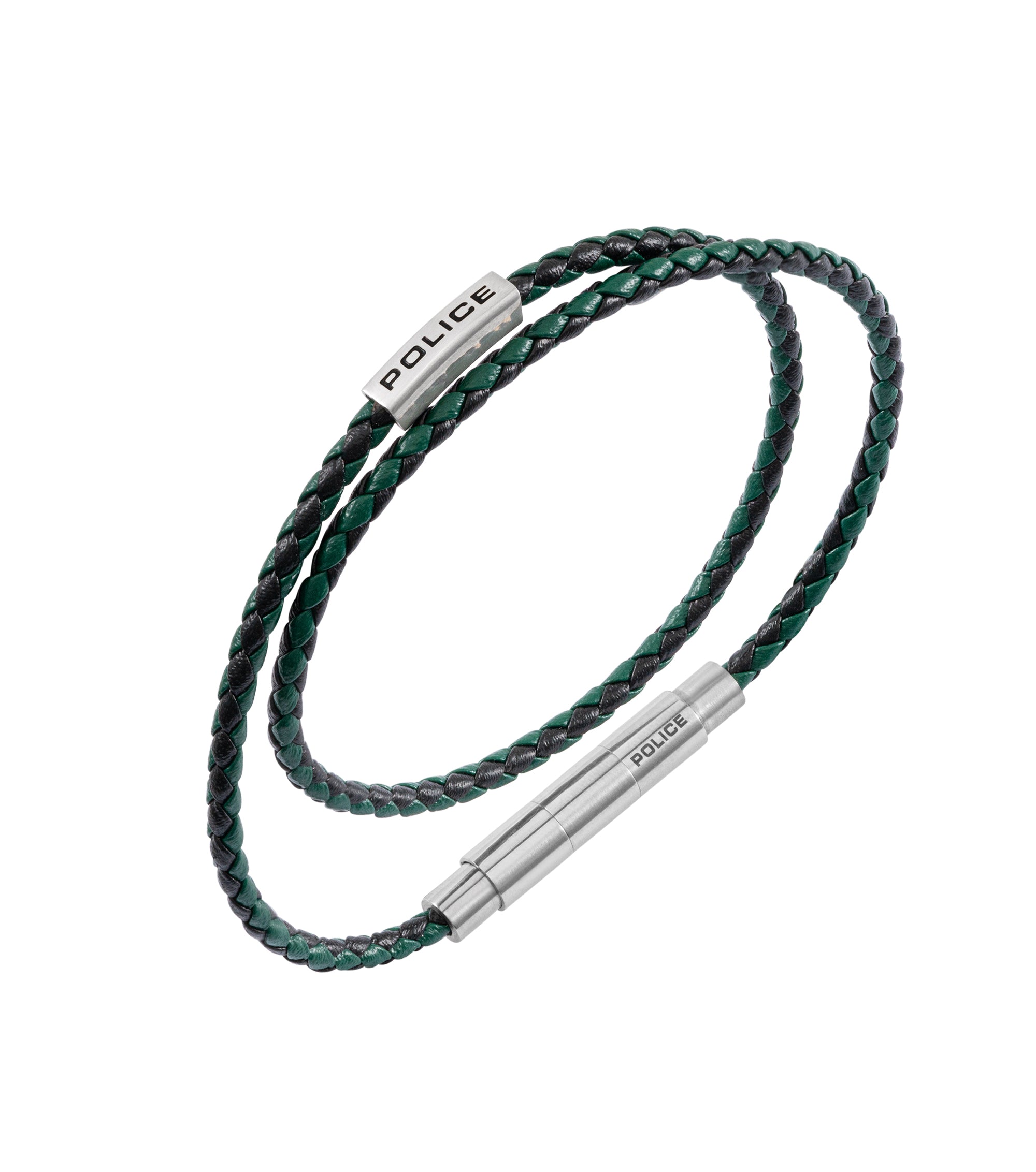 Double-wrap bracelet with braided black and green leather, silver-toned cylindrical clasp, and a silver-toned bar with 'POLIC