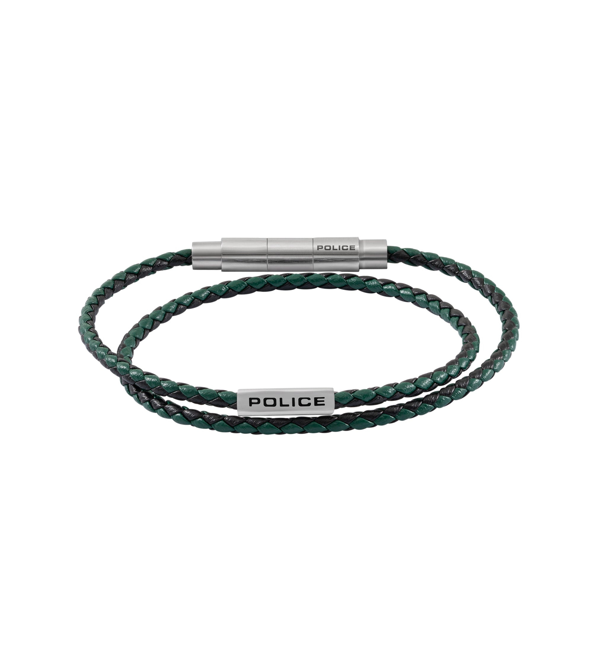 Police double-wrap bracelet with braided dark green and black leather strands and brushed silver-toned metal clasp.