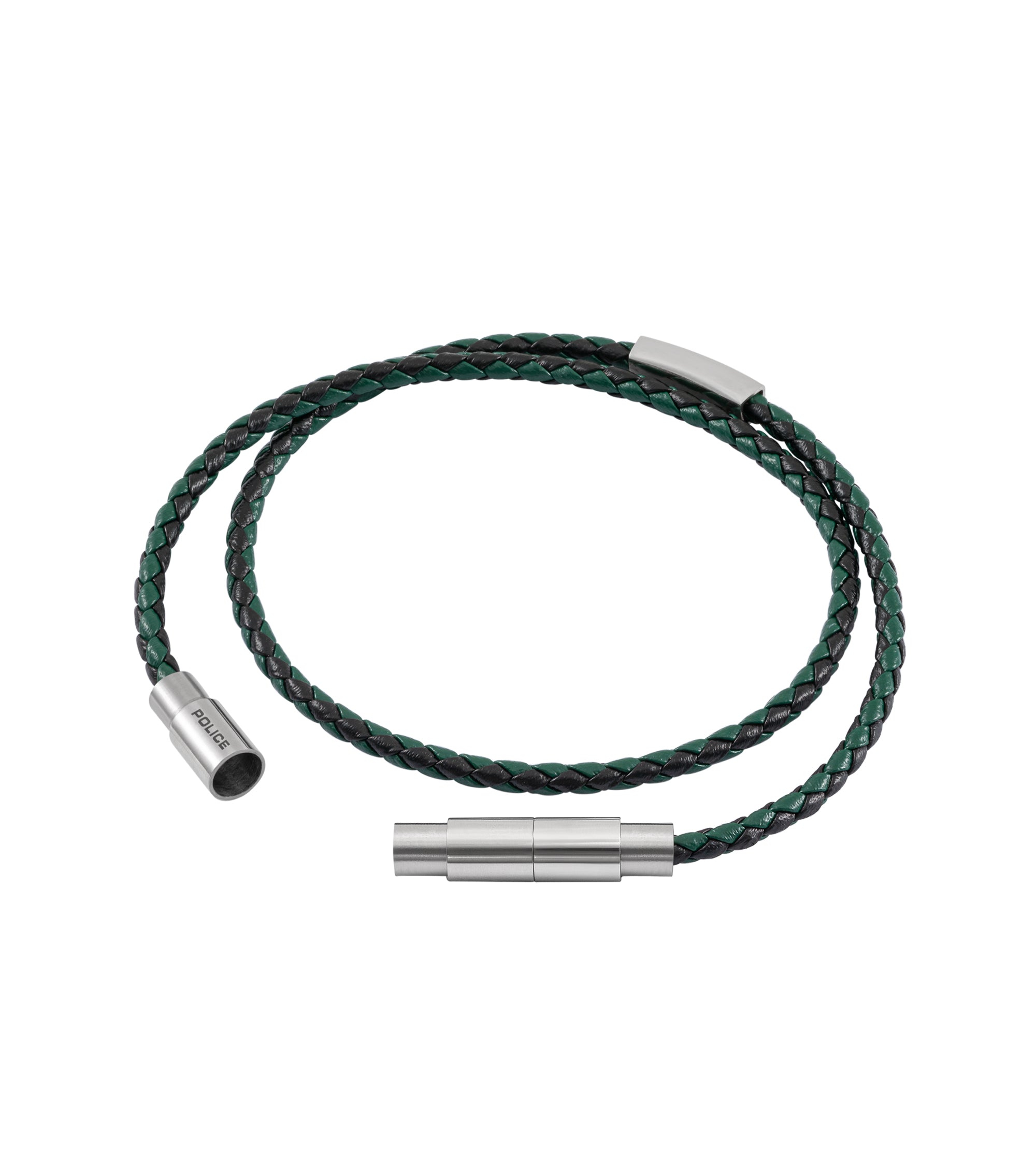 Double-wrap braided black and green leather bracelet with silver-toned cylindrical magnetic clasp, a cylindrical end cap, and