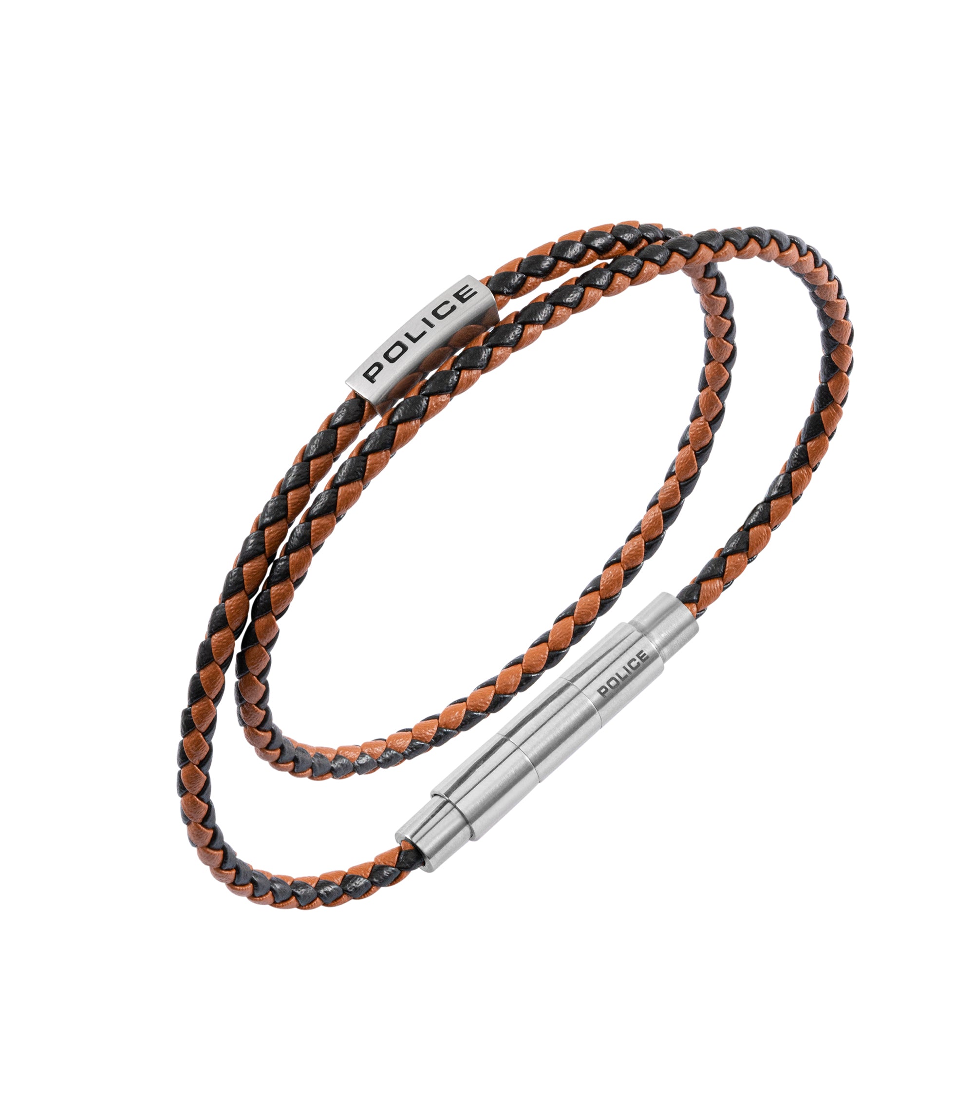 Black and brown braided leather double-wrap bracelet with silver-toned 'POLICE' engraved bar and cylindrical clasp.