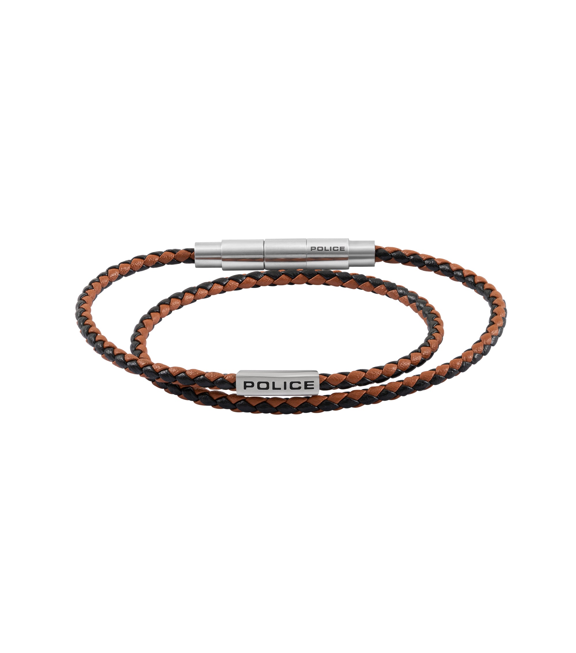 Police double-wrap braided brown and black leather bracelet with a silver-toned cylindrical clasp and accent plate.