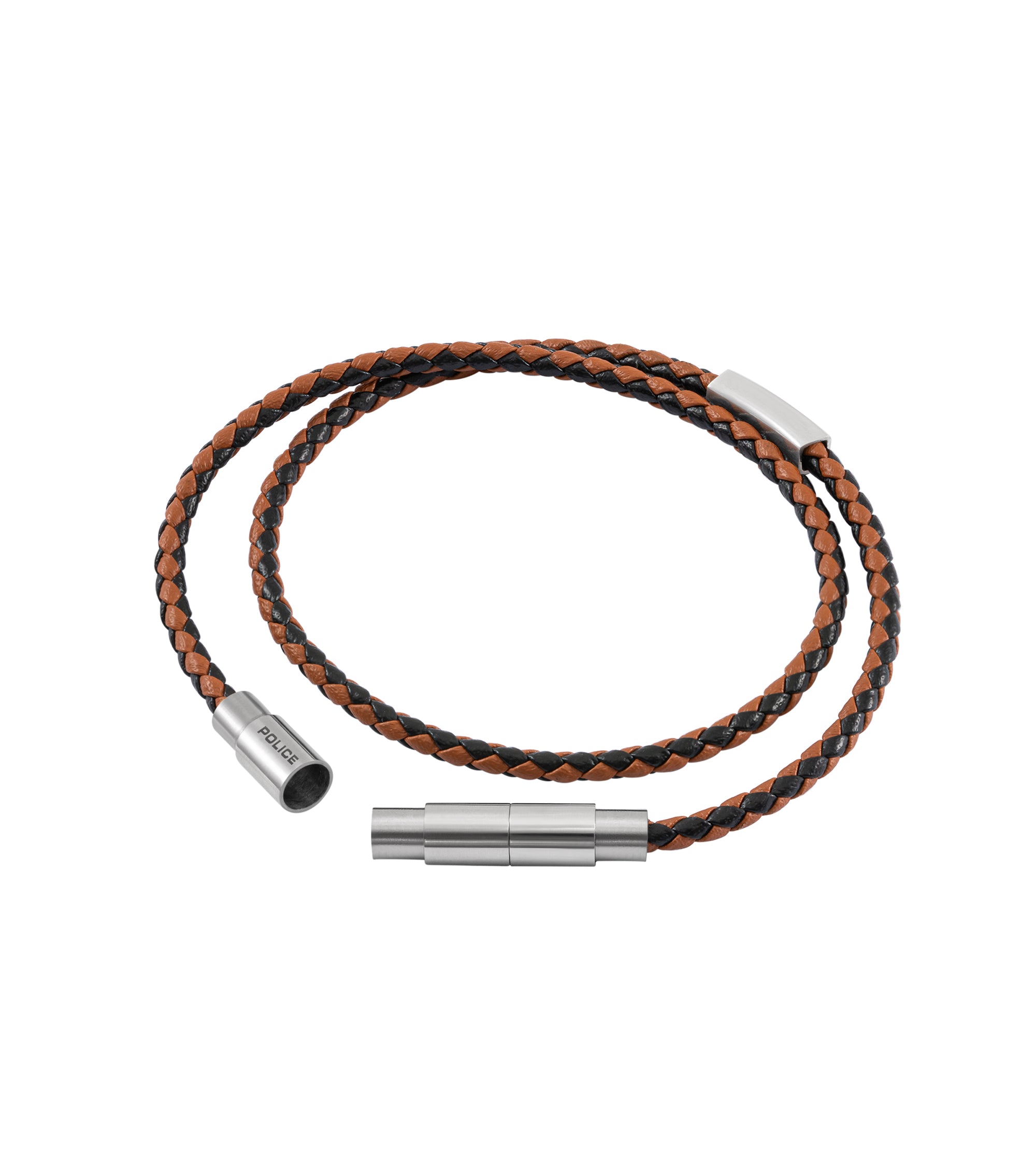 Double-wrap braided black and brown leather bracelet with a silver-toned magnetic clasp engraved "POLICE" and a rectangular b