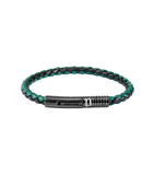 Braided dark green and black leather bracelet with a black-toned metal clasp. The clasp features 'POLICE' text and a ridged '