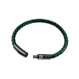 Braided green and black leather bracelet with a dark gunmetal-toned cylindrical clasp engraved with 'POLICE' and a ribbed end