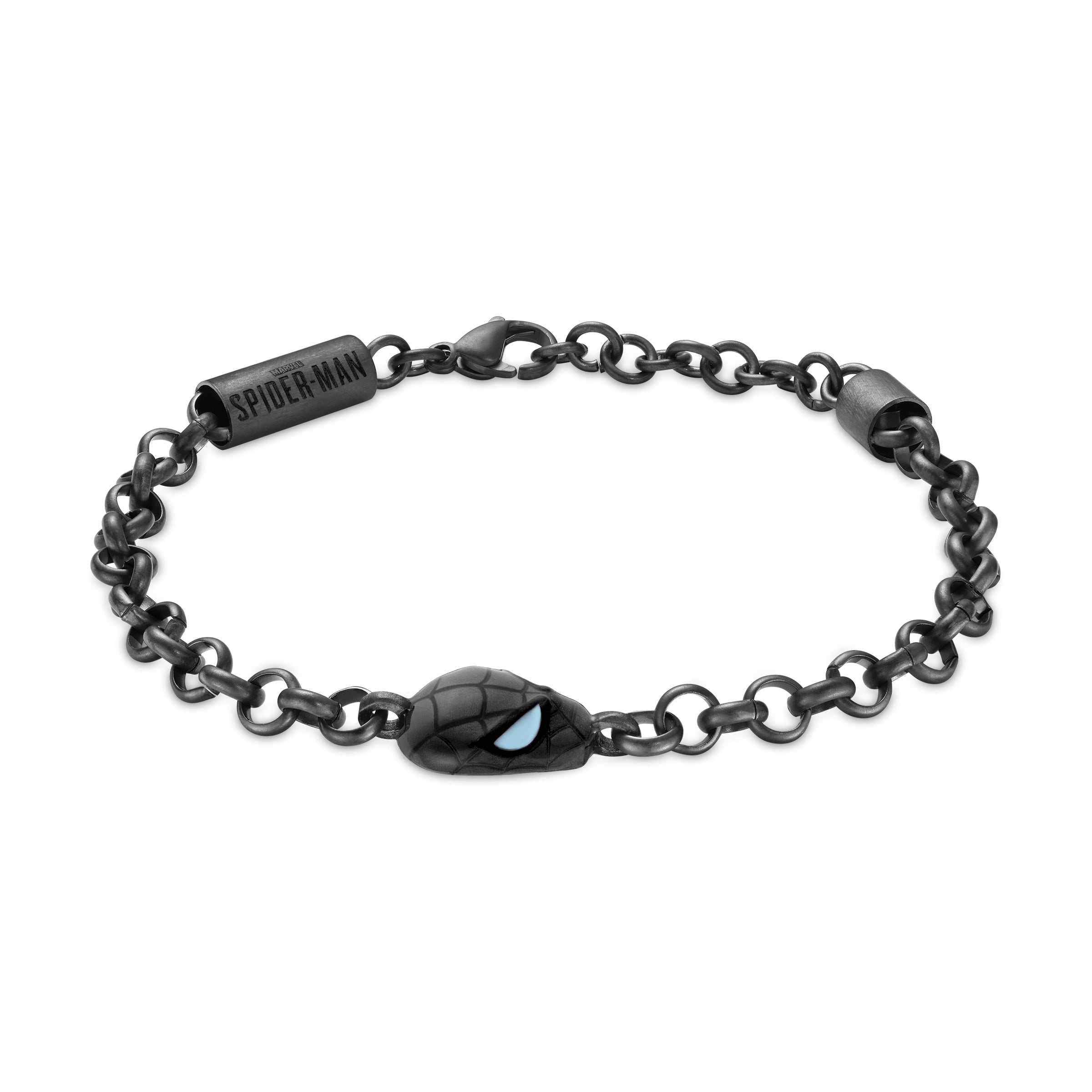 Black chain link bracelet with a black Spider-Man head charm featuring light blue eyes and a black bar engraved "SPIDER-MAN".