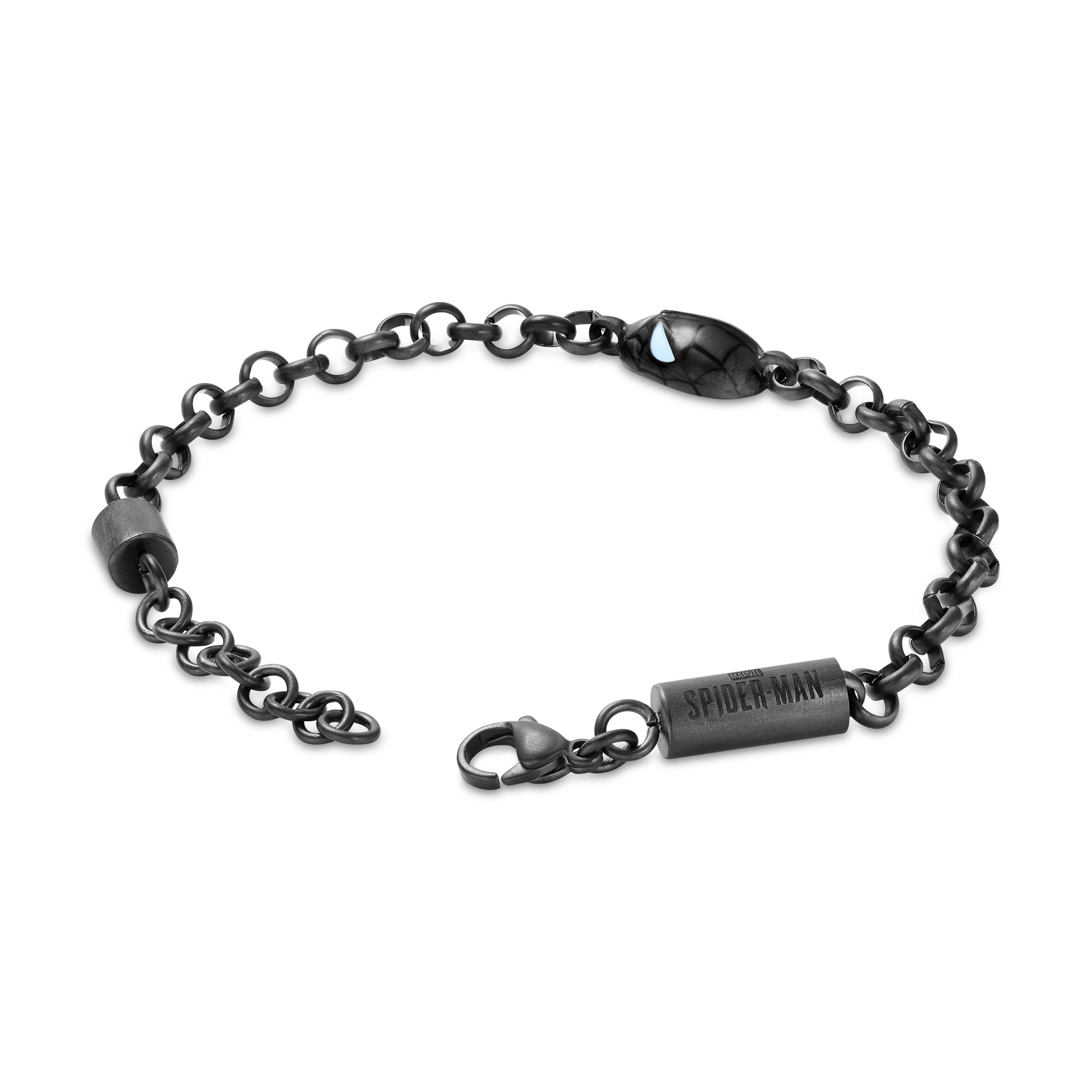 Dark grey rolo chain bracelet with a Spider-Man eye charm, a cylindrical "SPIDER-MAN" clasp, and a magnetic closure.